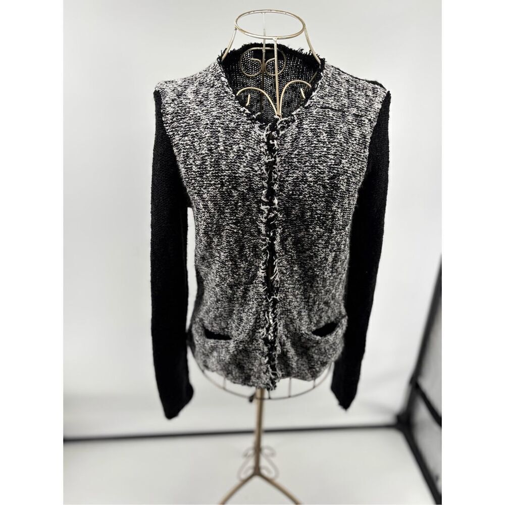 Donna Karan New York Black Boucle Hook Eye Cardigan Contrast Sleeve Size XS